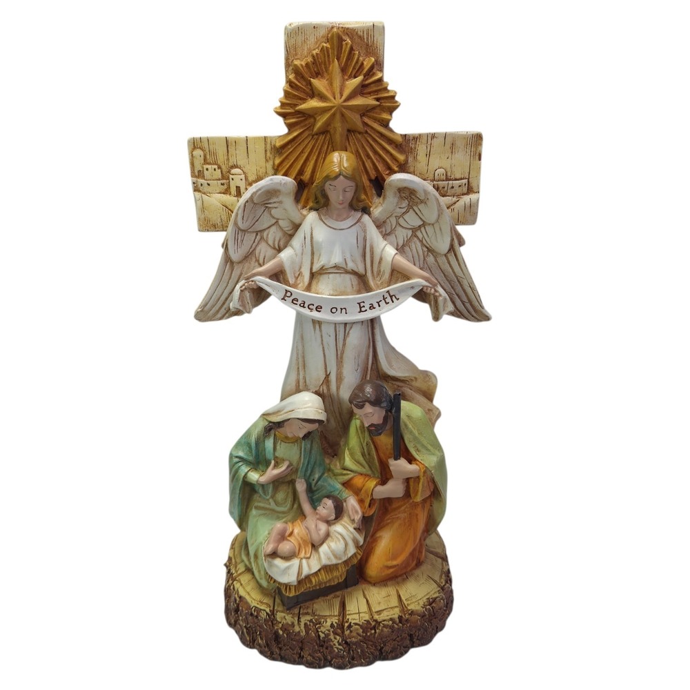 Napco Angel And Holy Family Nativity Cross Statue Peace On Earth Christmas Decor